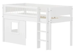 FLEXA White halbhohes Bett mit senkrechter Leiter, Baumhaus Panelen und Streben Absturzsicherung weiß