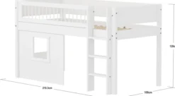 FLEXA White halbhohes Bett mit senkrechter Leiter, Baumhaus Panelen und Streben Absturzsicherung weiß