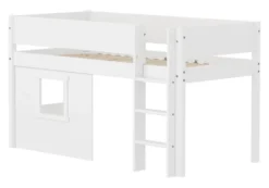 FLEXA White halbhohes Bett mit senkrechter Leiter, Baumhaus Panelen und Rillen Absturzsicherung weiß
