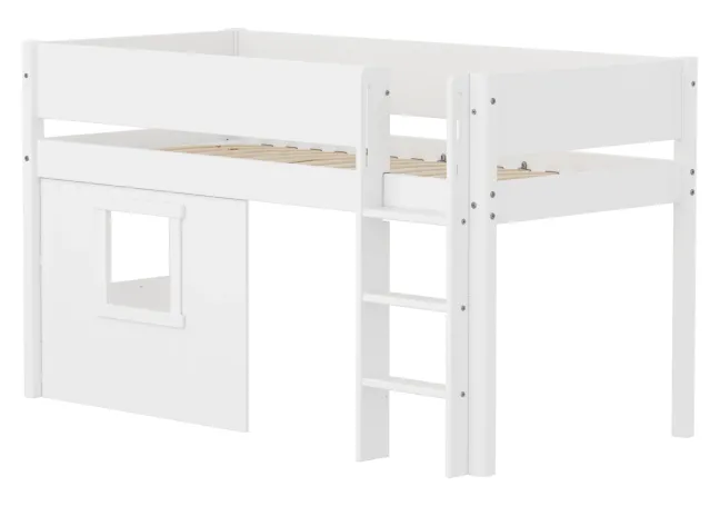 FLEXA White halbhohes Bett mit senkrechter Leiter, Baumhaus Panelen und Rillen Absturzsicherung weiß