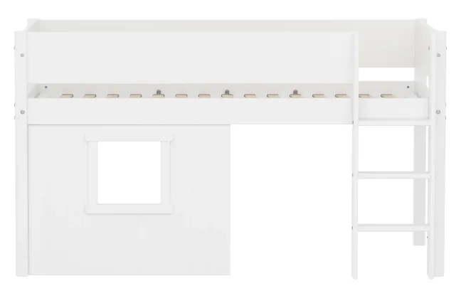 FLEXA White halbhohes Bett mit senkrechter Leiter, Baumhaus Panelen und Rillen Absturzsicherung weiß