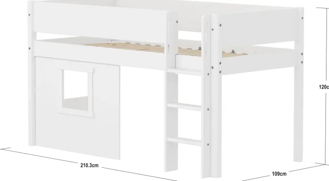 FLEXA White halbhohes Bett mit senkrechter Leiter, Baumhaus Panelen und Rillen Absturzsicherung weiß