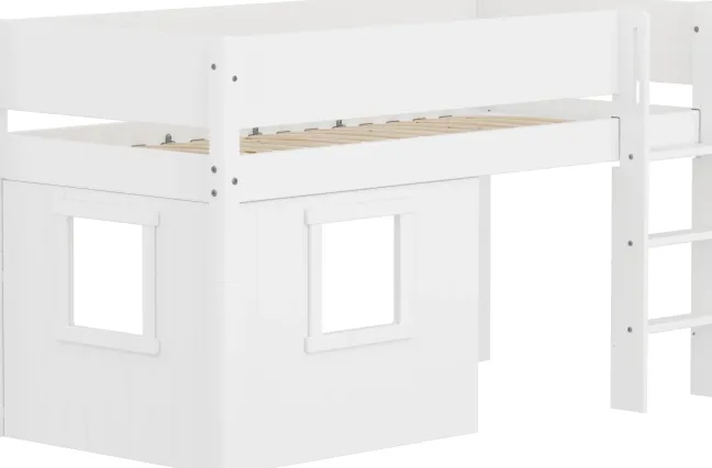 FLEXA White halbhohes Bett mit senkrechter Leiter, Baumhaus Panelen und Rillen Absturzsicherung weiß