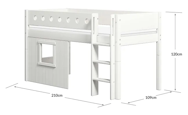 FLEXA White halbhohes Bett mit senkrechter Leiter und Baumhaus Panelen weiß