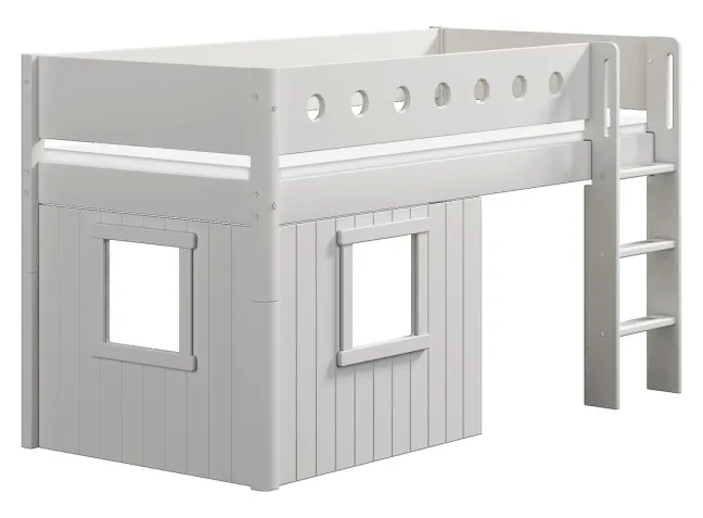FLEXA White halbhohes Bett mit senkrechter Leiter und Baumhaus Panelen weiß