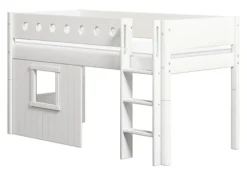 FLEXA White halbhohes Bett mit senkrechter Leiter und Baumhaus Panelen weiß