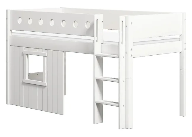 FLEXA White halbhohes Bett mit senkrechter Leiter und Baumhaus Panelen weiß