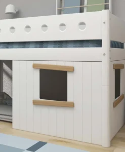 FLEXA White halbhohes Bett mit senkrechter Leiter und Baumhaus Panelen weiß/Eiche