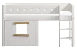 FLEXA White halbhohes Bett mit senkrechter Leiter und Baumhaus Panelen weiß/Eiche