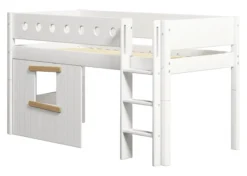 FLEXA White halbhohes Bett mit senkrechter Leiter und Baumhaus Panelen weiß/Eiche