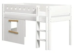 FLEXA White halbhohes Bett mit senkrechter Leiter und Baumhaus Panelen weiß/Eiche