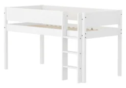 FLEXA White halbhohes Bett mit senkrechter Leiter und Rillen Absturzsicherung weiß