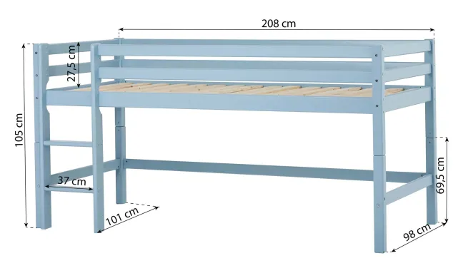 Hoppekids ECO Dream Halbhochbett 90x200cm mit gerader Leiter teilbar hellblau