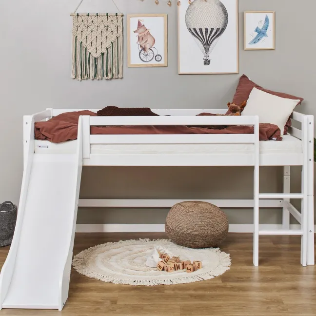 Hoppekids ECO Dream Halbhochbett 90x200cm mit Rutsche und gerader Leiter weiß