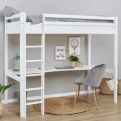 Hoppekids ECO Dream Hochbett 90x200cm mit gerader Leiter und Schreibtisch weiß