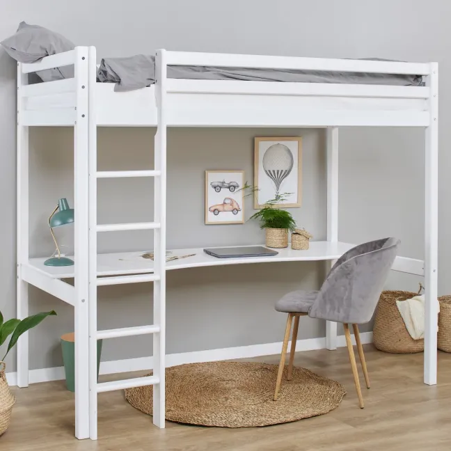 Hoppekids ECO Dream Hochbett 90x200cm mit gerader Leiter und Schreibtisch weiß
