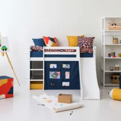 Hoppekids ECO Luxury Halbhochbett Junior 70x160cm mit Rollrost, Rutsche und gerader Leiter weiß