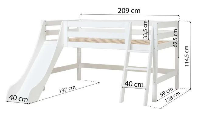 Hoppekids ECO Luxury Halbhochbett 90x200cm mit Rollrost, Rutsche und Schrägleiter weiß
