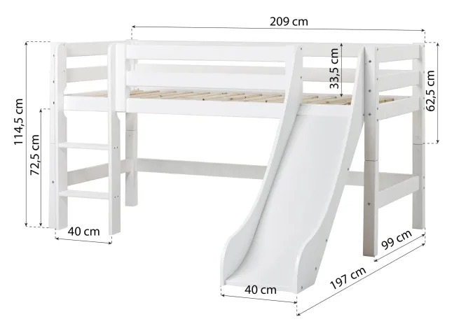 Hoppekids ECO Luxury Halbhochbett 90x200cm mit Rollrost, Rutsche und gerader Leiter weiß