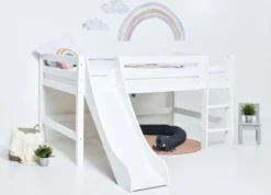 Hoppekids ECO Luxury Halbhochbett 120x200cm mit Rollrost, Rutsche und gerader Leiter weiß