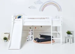 Hoppekids ECO Luxury Halbhochbett 120x200cm mit Rollrost, Rutsche und Schrägleiter weiß