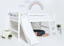 Hoppekids ECO Luxury Halbhochbett 120x200cm mit Rollrost, Rutsche und Schrägleiter weiß