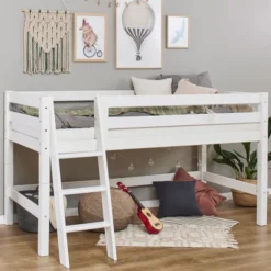 Hoppekids ECO Luxury Halbhochbett 90x200cm mit Rollrost und Schrägleiter weiß