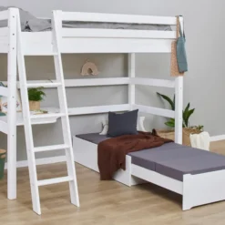 Hoppekids ECO Luxury Hochbett Mega 90x200cm mit Rollrost und Schrägleiter weiß