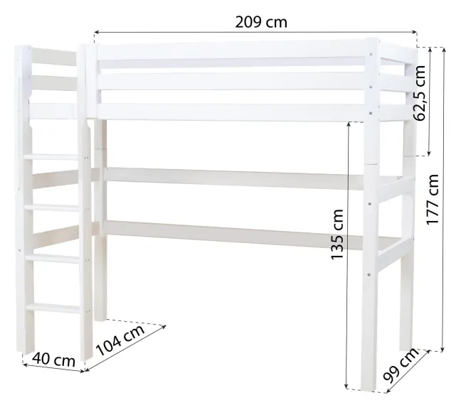 Hoppekids ECO Luxury Hochbett 90x200cm mit Rollrost und gerader Leiter weiß