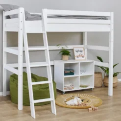 Hoppekids ECO Luxury Hochbett 90x200cm mit Rollrost und Schrägleiter weiß