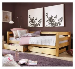 Infanskids Einzelbett mit 2 Rollschubkästen gelaugt 90 x 200cm