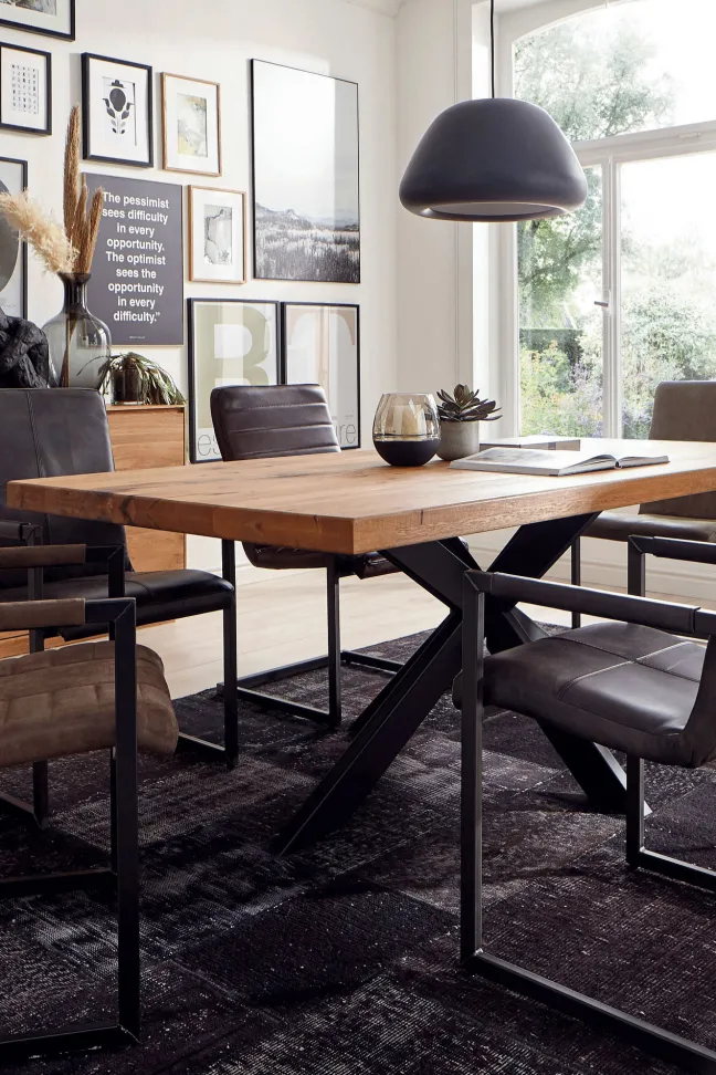 LifeConcept Esstisch 240x100cm Zerreiche Baumkante (6cm) Natur geölt mit Metall Spider-Gestell