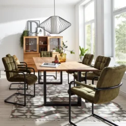 LifeConcept Esstisch 220x100cm Zerreiche gerade Kante (6cm) Natur geölt mit Metall U-Gestell