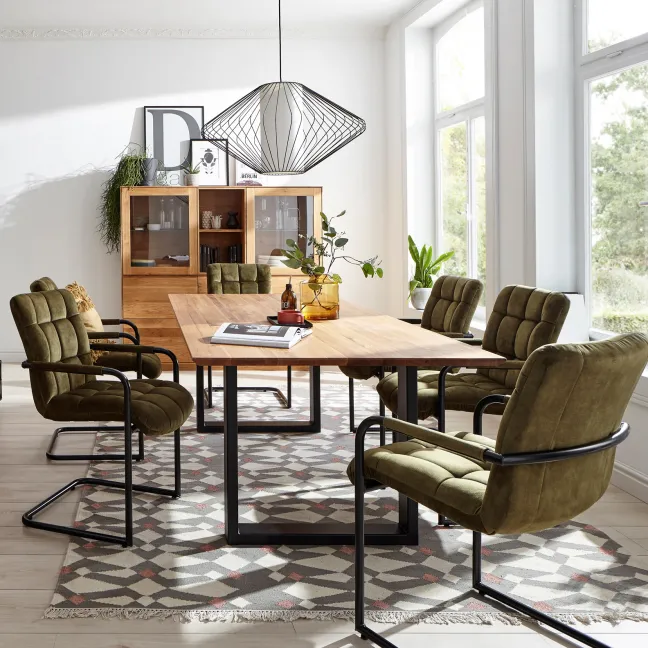 LifeConcept Esstisch 220x100cm Zerreiche gerade Kante (6cm) Natur geölt mit Metall U-Gestell