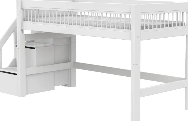 Lifetime Breeze halbhohes Bett 90x200cm mit Treppe und Rollboden weiß lackiert