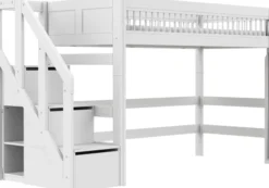 Lifetime Breeze Hochbett 152cm 90x200cm mit Treppe und Rollboden weiß lackiert