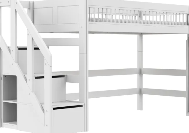 Lifetime Breeze Hochbett 152cm 90x200cm mit Treppe und Rollboden weiß lackiert