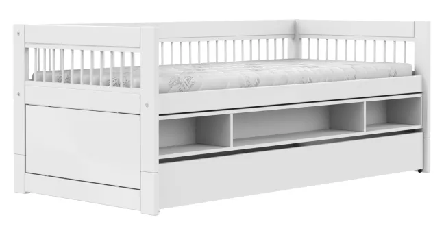 Lifetime Breeze Kojenbett 90x200cm mit Regal, Bettkasten und Rollboden weiß lackiert