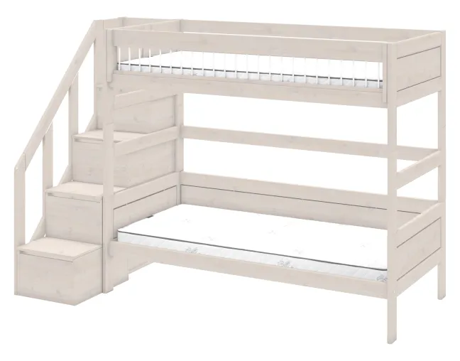 Lifetime Etagenbett 90x200cm mit Treppe und Deluxe Lattenrost Absturzsicherung Streben whitewash