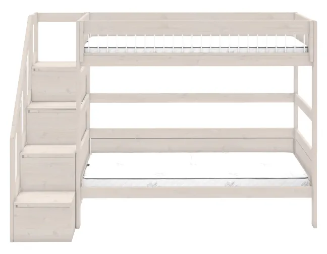 Lifetime Etagenbett 90x200cm mit Treppe und Deluxe Lattenrost Absturzsicherung Streben whitewash