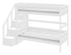 Lifetime Etagenbett 90x200cm mit Treppe und Deluxe Lattenrost Absturzsicherung Streben weiß lackiert