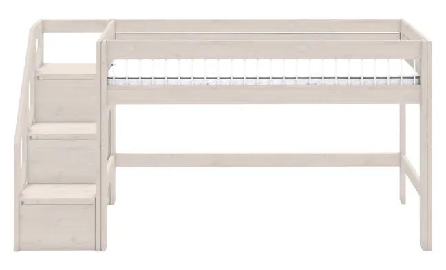 Lifetime halbhohes Bett 90x200cm mit Treppe und Deluxe Lattenrost Absturzsicherung Streben whitewash