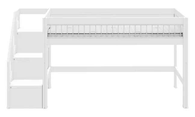 Lifetime halbhohes Bett 90x200cm mit Treppe und Deluxe Lattenrost Absturzsicherung Streben weiß lackiert