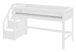 Lifetime halbhohes Bett 90x200cm mit Treppe und Deluxe Lattenrost Absturzsicherung Streben weiß lackiert