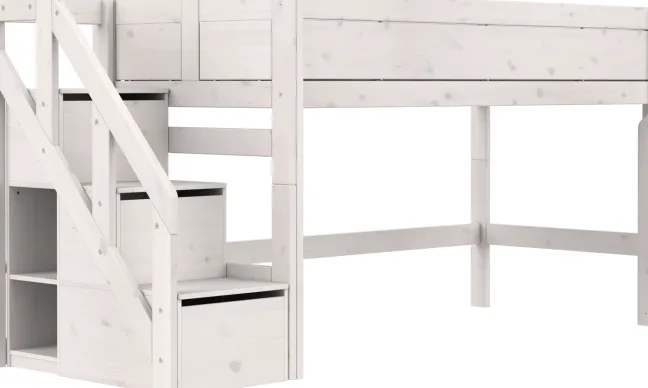 Lifetime halbhohes Bett 90x200cm mit Treppe und Rollboden whitewash