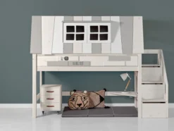 Lifetime Hangout halbhohes Bett 90x200cm mit Rollboden und Treppe whitewash