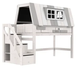 Lifetime Hangout Hochbett 152cm 90x200cm mit Rollboden und Treppe whitewash