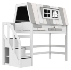 Lifetime Hangout Hochbett 152cm 90x200cm mit Rollboden und Treppe weiß lackiert