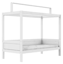 Lifetime Himmelbett 90x200cm mit Dachkonstruktion für Stoffdach und Rollboden weiß lackiert