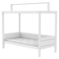 Lifetime Himmelbett 90x200cm mit Dachkonstruktion für Stoffdach und Rollboden weiß lackiert